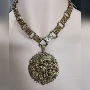 Vintage Czech Style Gold Gilt Filigree Medallion Statement Necklace